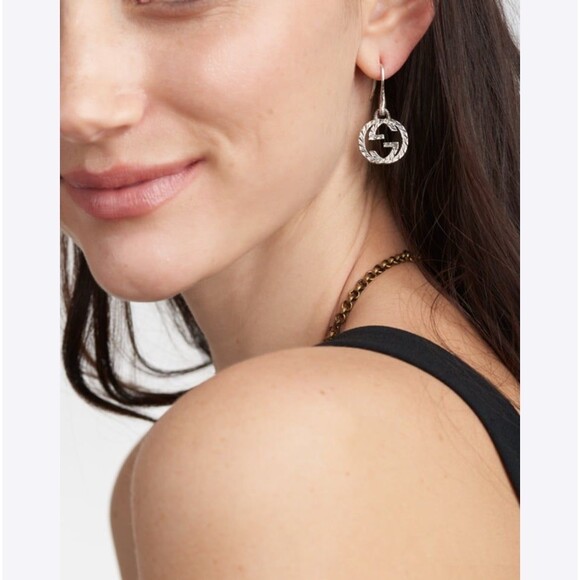 Authentic Gucci 925 Silver Interlocking GG Logo Dangle Earrings Women’s - Picture 6 of 9